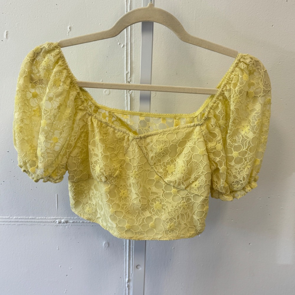 Cider Yellow Floral Lace Puff Sleeve Crop Top Sweetheart Neck Size S Coquette